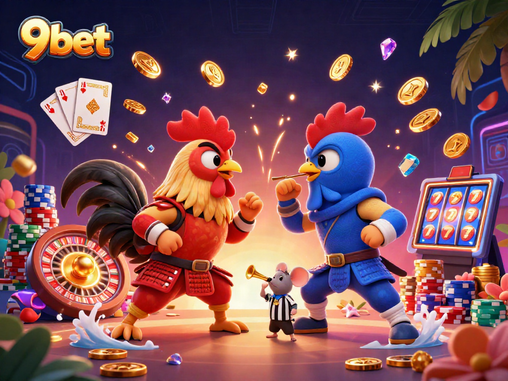 Engaging 9bet experience showcasing a dramatic rooster standoff amid vibrant casino elements.