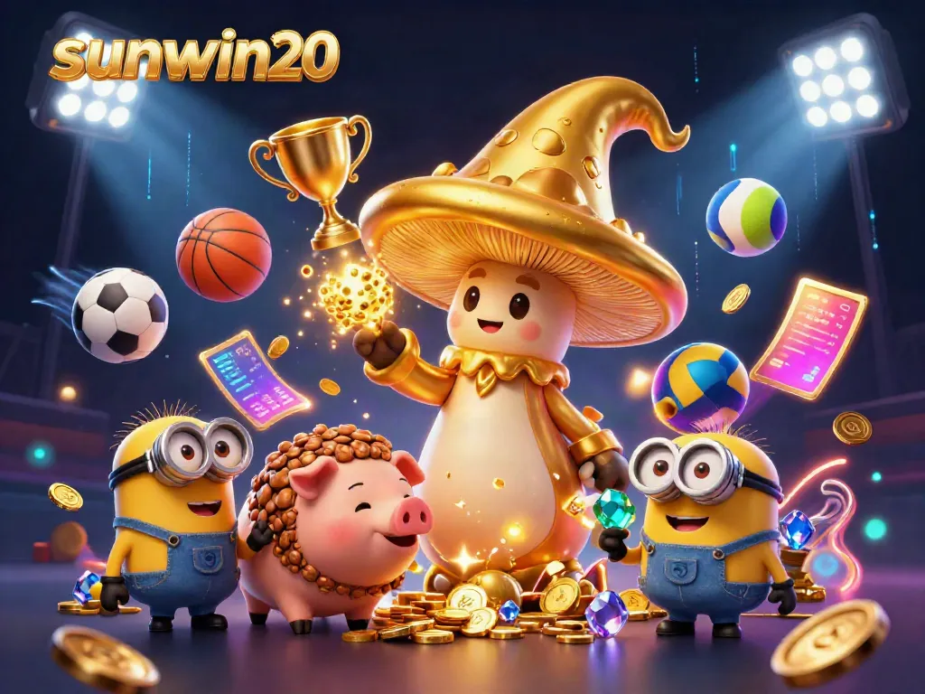 Engage with sunwin20's enchanting world of gaming, featuring a wizard, vibrant sports action, and shimmering treasure.