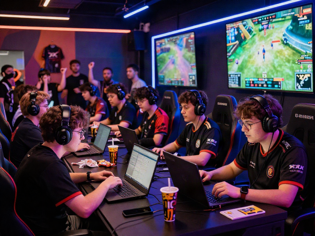 Exciting esports event showcasing players in action with vibrant lights and crowd cheering for xxx games.
