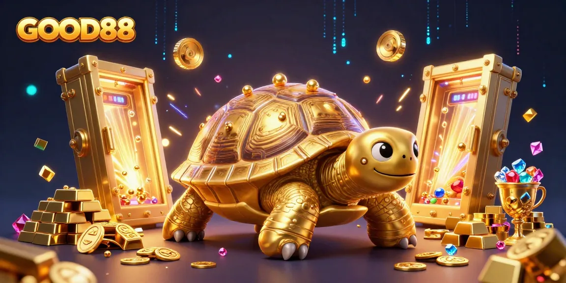Experience excitement with GOOD88 in a vibrant casino scene featuring a colossal tortoise pinball machine.