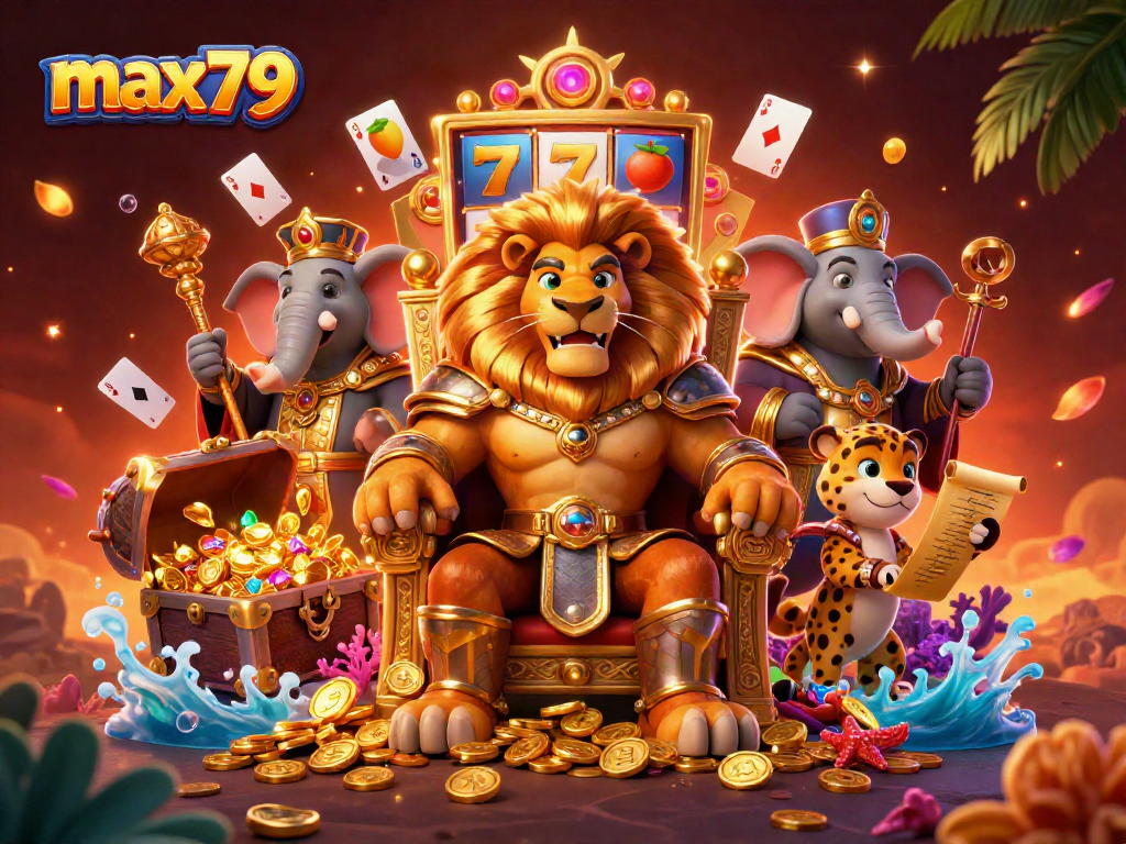 Engage in thrilling slot action with max79 as fierce lion king and companions celebrate wins.