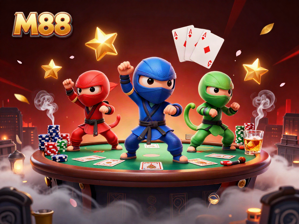 M88 showcases an engaging scene of ninja chameleons in synchronized martial arts on a dynamic casino rooftop.
