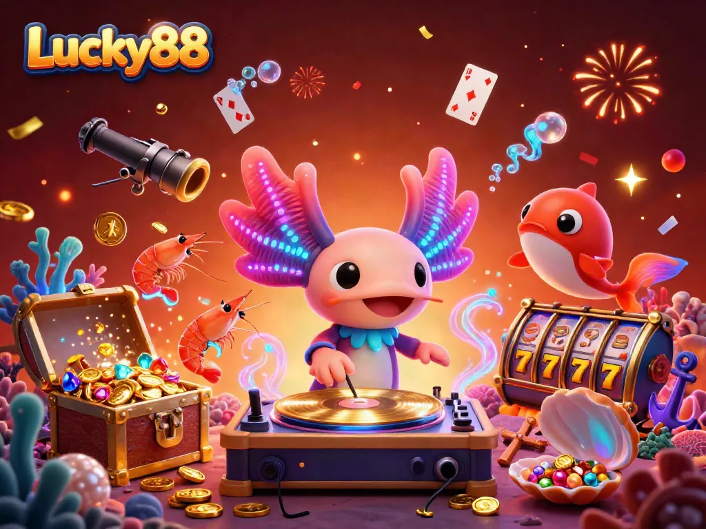 Experience the vibrant world of Lucky88 with a neon-themed casino underwater party featuring unique sea creatures.