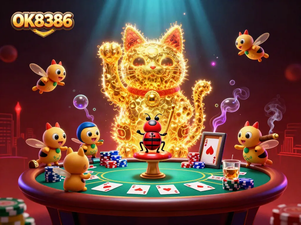 Experience the vibrant world of OK8386 with a dynamic casino scene featuring a lucky cat and poker elements.