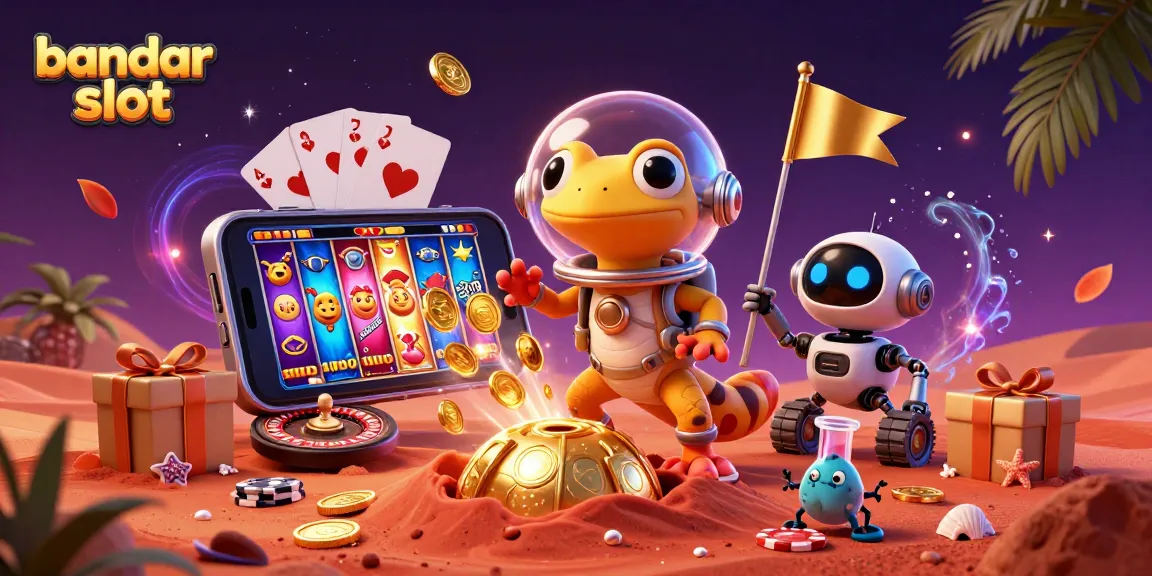 Spin the reels at bandar slot as a Martian gecko explores a golden casino on Mars amidst vibrant casino elements.