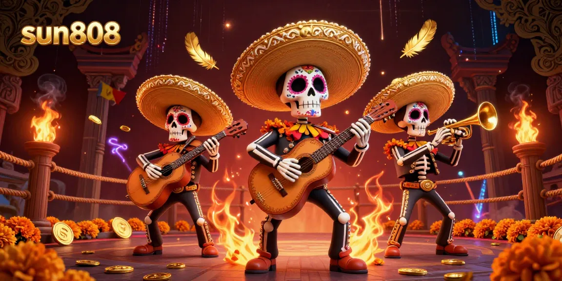 Experience the vibrant gaming world of sun808 with a dynamic illustration showcasing a lively mariachi band amidst classic casino elements.