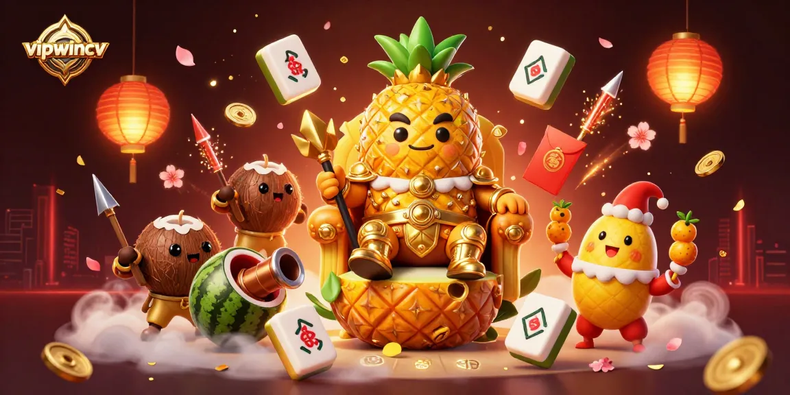 Engage with vipwincv's vibrant casino scene featuring a king, jester, and bodyguards in a beach setting.
