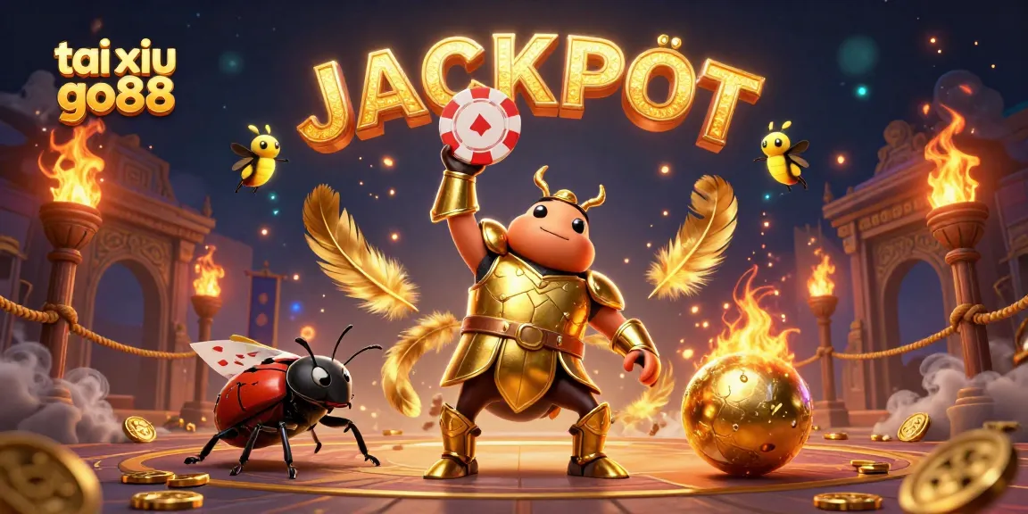 Experience the thrill of tai xiu go88 as the gladiator beetle celebrates a big win surrounded by vibrant gambling elements.