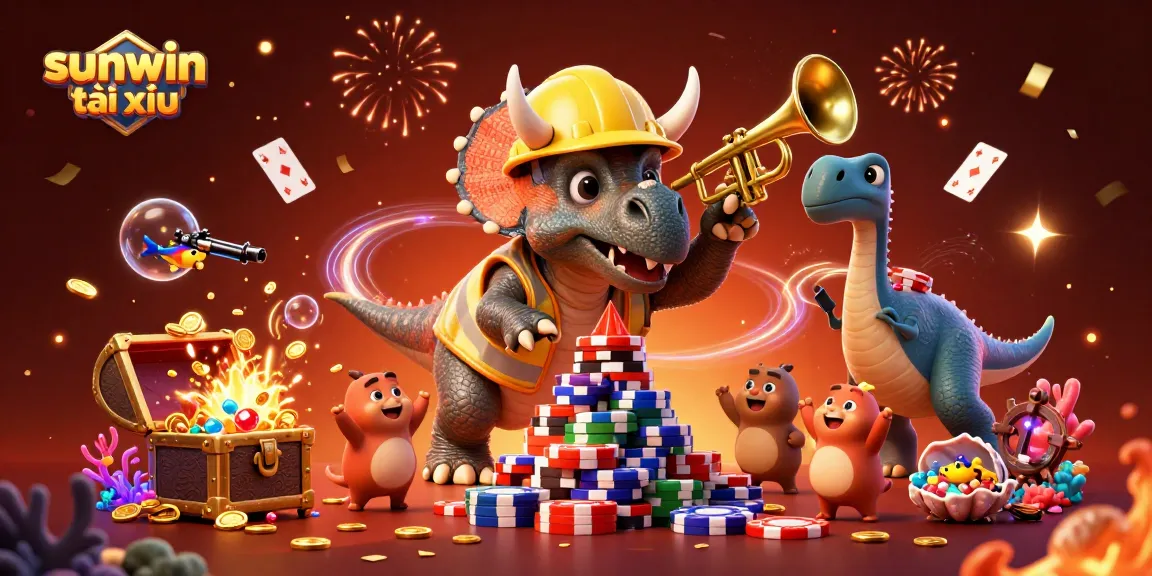 Win big with sunwin tài xỉu as a triceratops builds poker chips surrounded by vibrant casino elements.