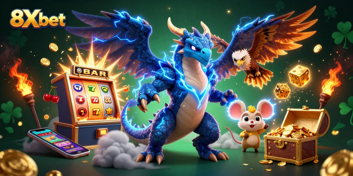 Play exciting games with 8Xbet's dynamic casino experience featuring vibrant dragons and thrilling jackpots.